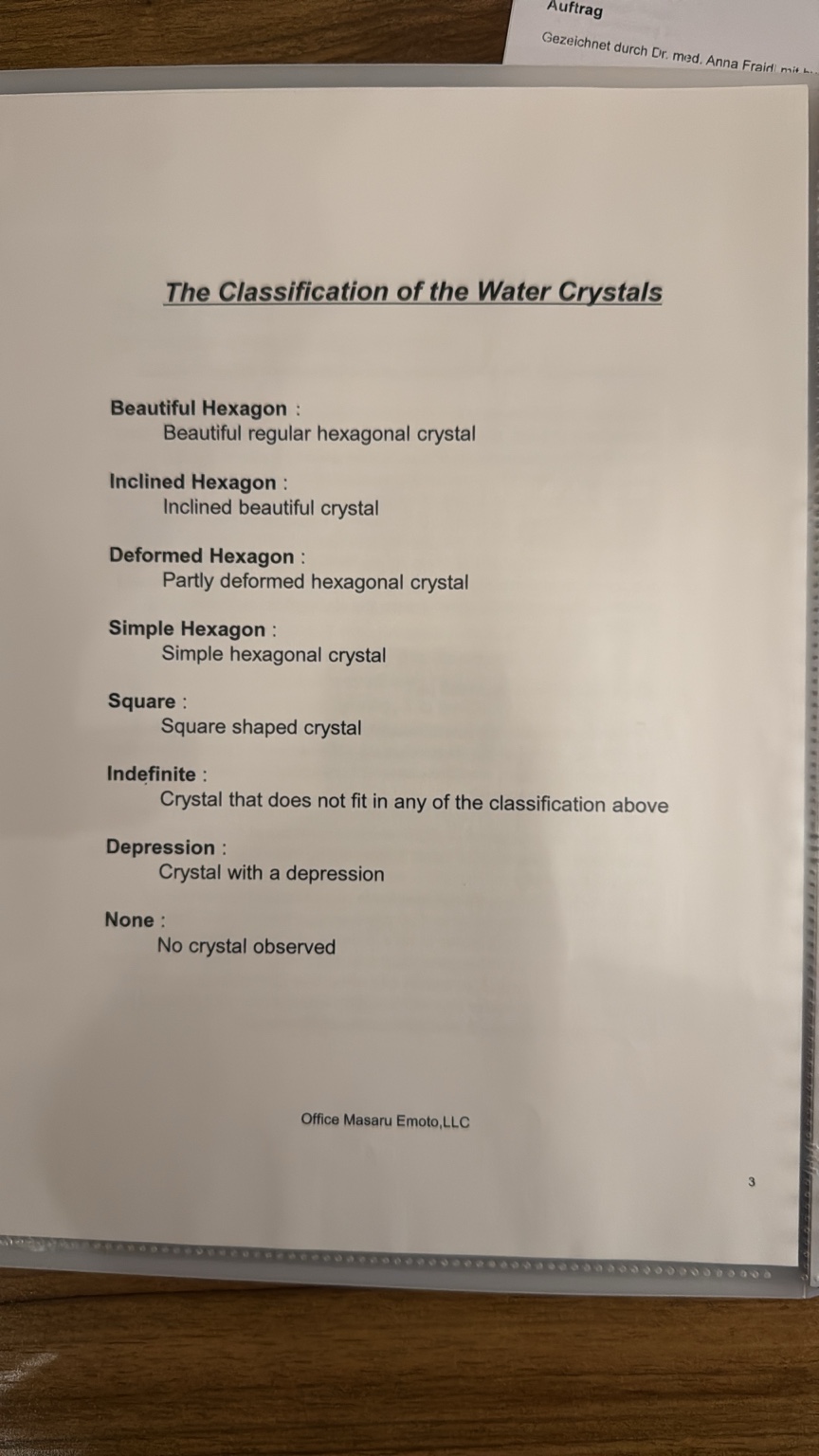Report page listing the crystal classification categories