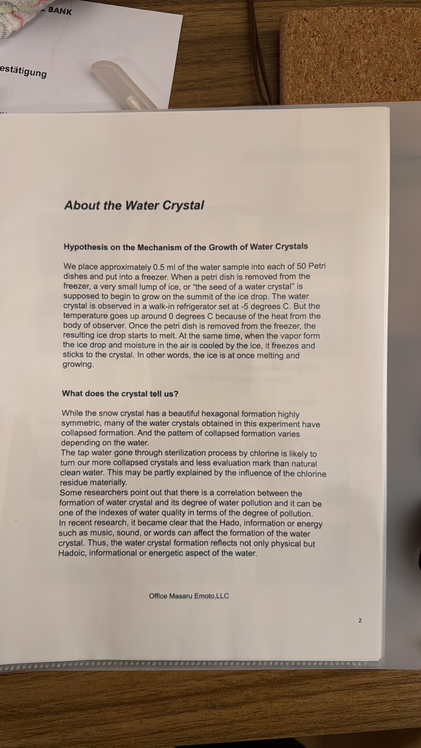 Report page describing the water crystal observation method