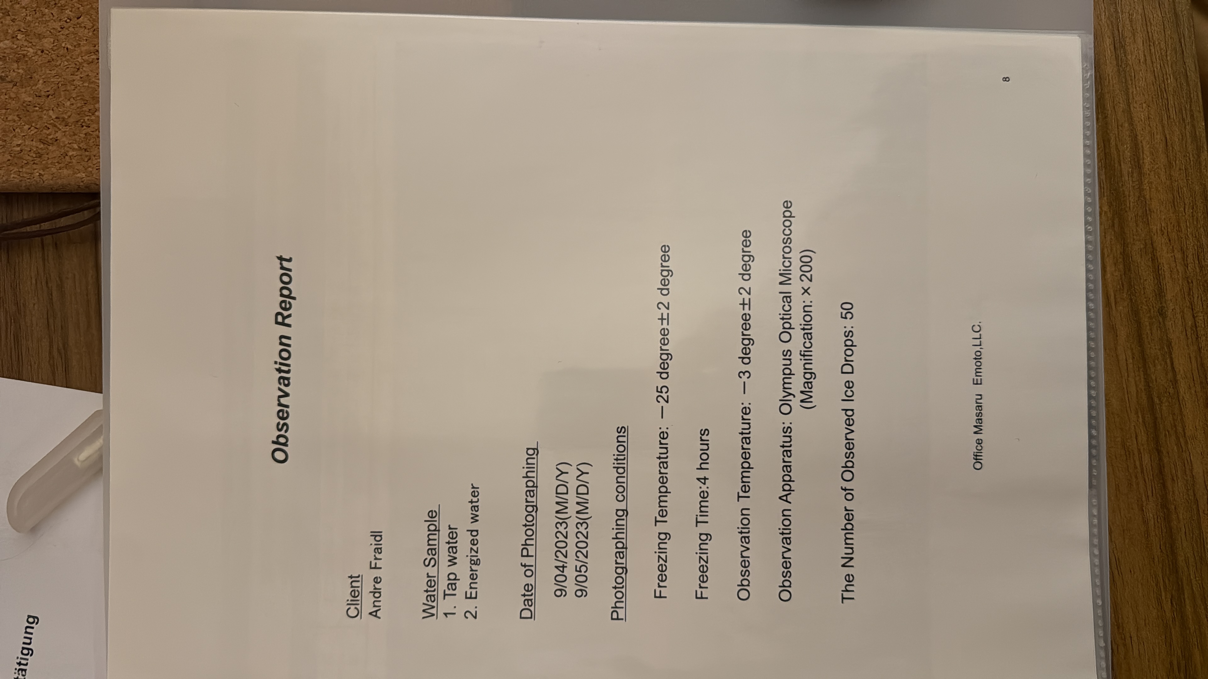 Observation report page listing samples, dates and microscope conditions